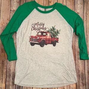 Merry Christmas truck raglan tee